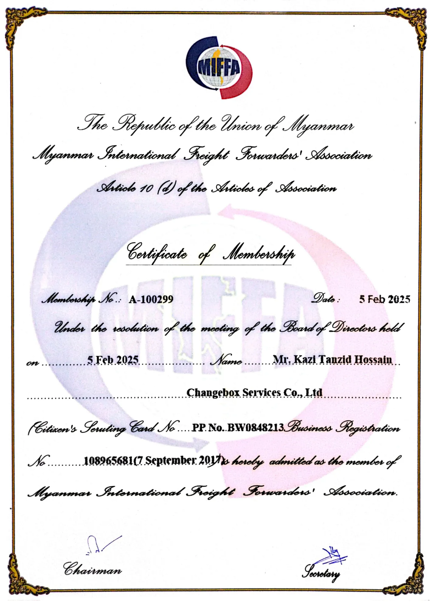 Certificate of Membership